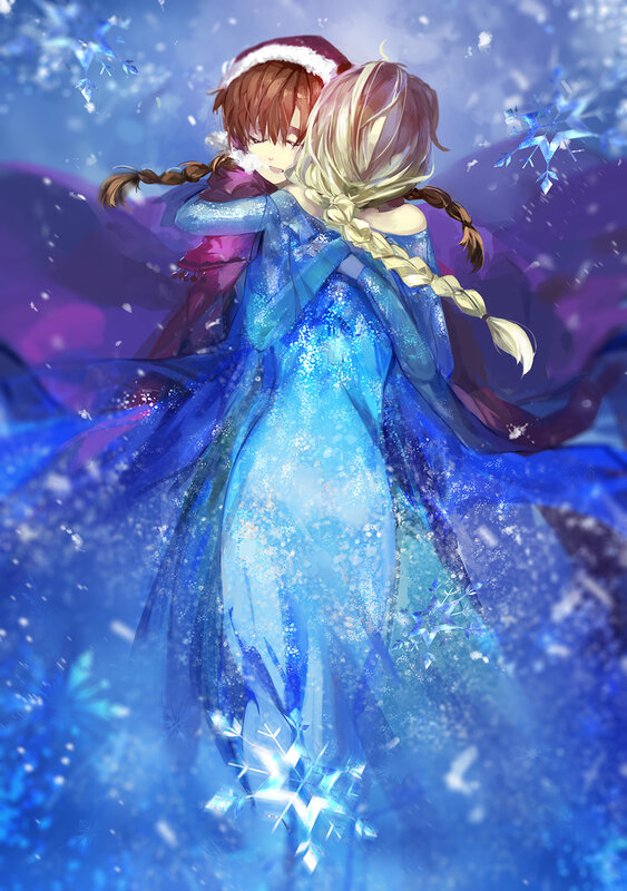Two Girls Hugging — Blue, Serene, Winter
