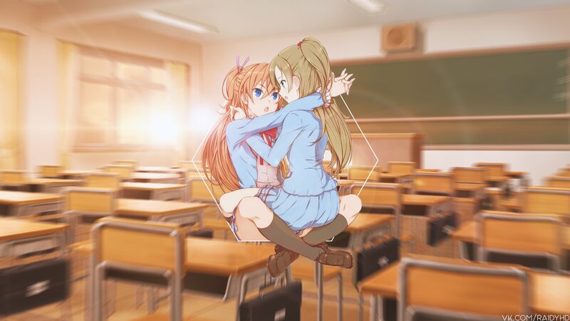 Two Girls Hugging — Blue, Warm