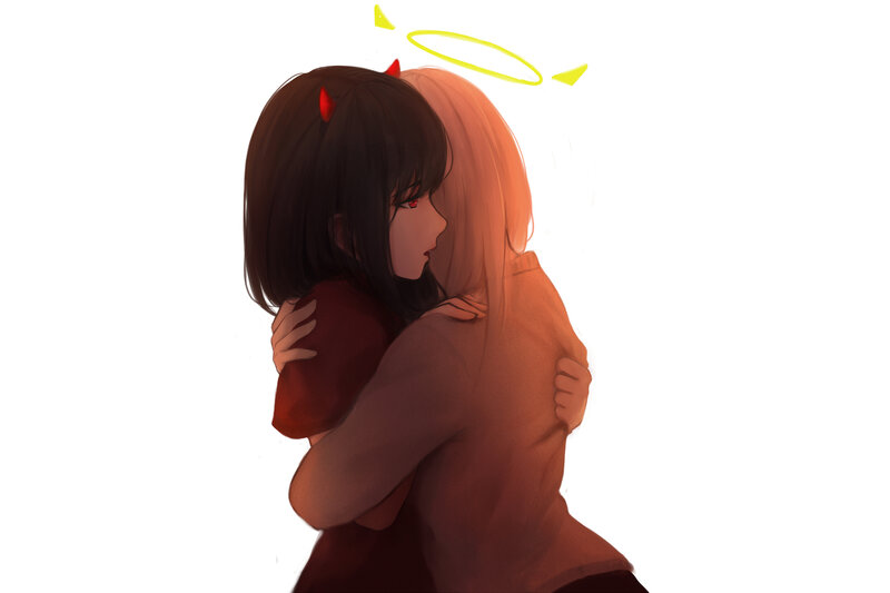 Two Girls Hugging — Brown, Calm, Digital Art