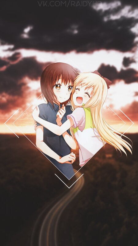 Two Girls Hugging — Brown, Dramatic