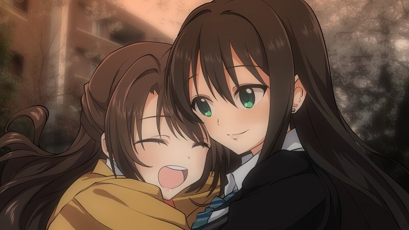 Two Girls Hugging — Brown, Warm, Sunset
