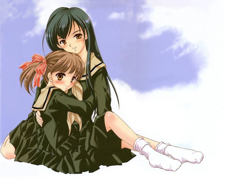 Two Girls Hugging — Green, Calm, Afternoon