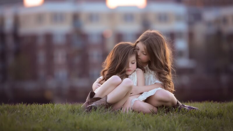 Two Girls Hugging — Green, Calm