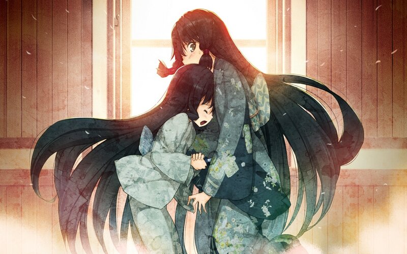 Two Girls Hugging — Green, Dramatic, Afternoon