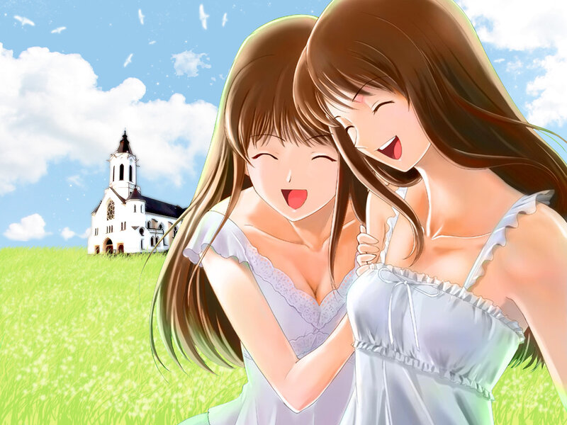 Two Girls Hugging — Green, Happy, Afternoon