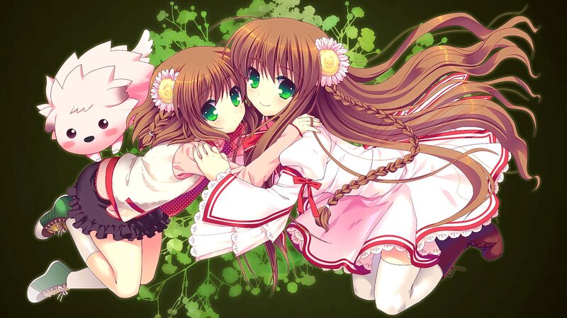 Two Girls Hugging — Green, Happy, Anime