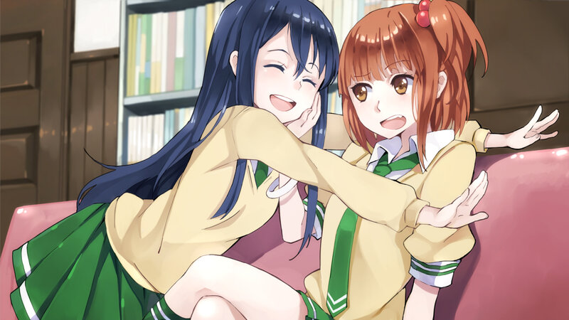 Two Girls Hugging — Green, Playful, Anime