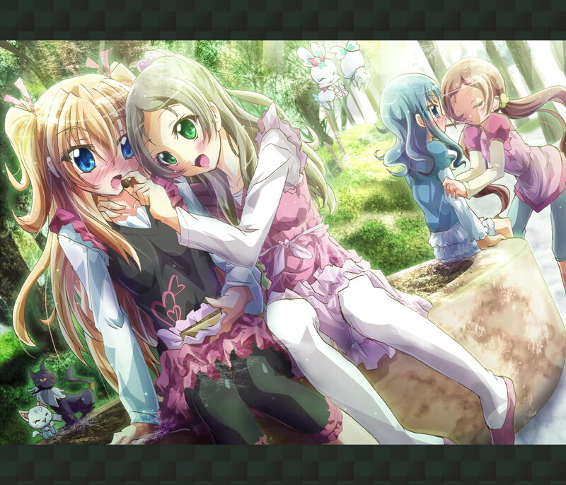Two Girls Hugging — Green, Playful