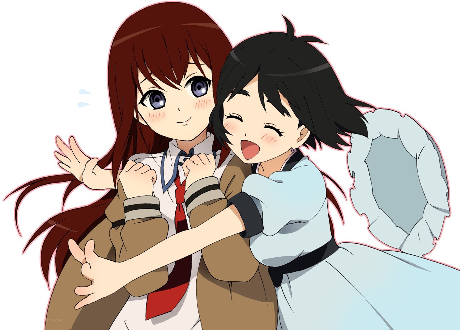 Two girls hugging happily