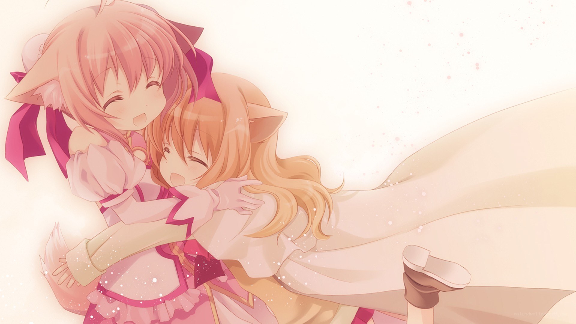 two girls hugging happily
