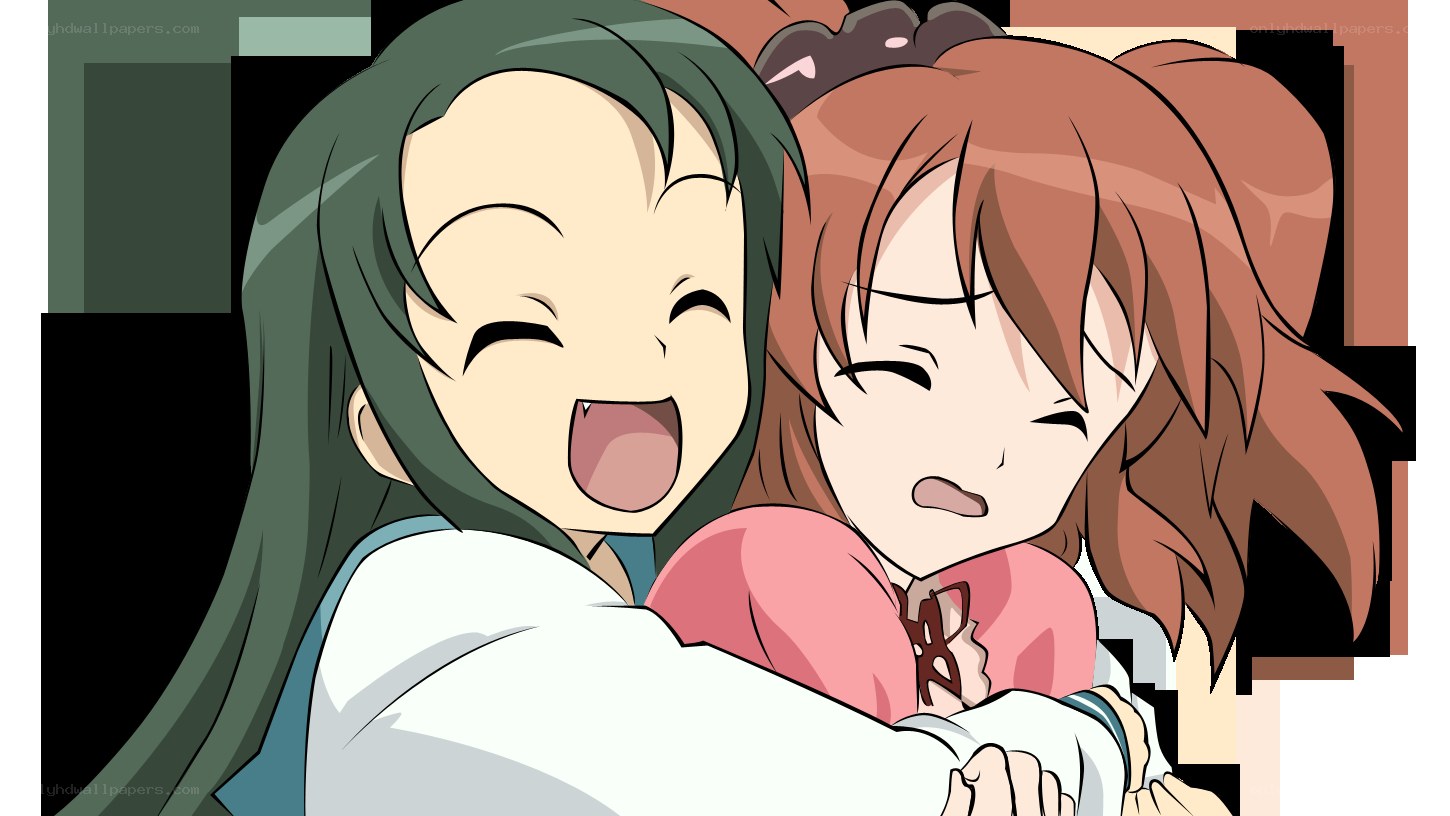 two girls hugging happily
