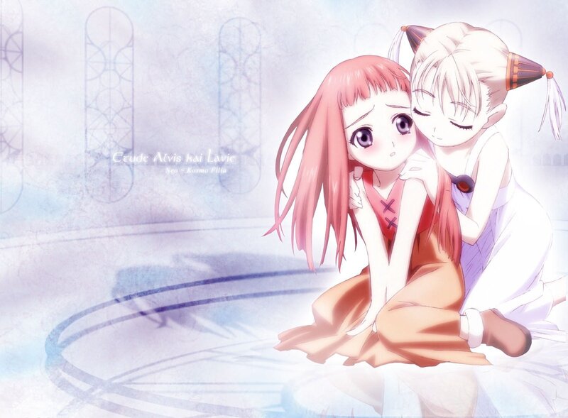 Two girls hugging in a dreamy scene