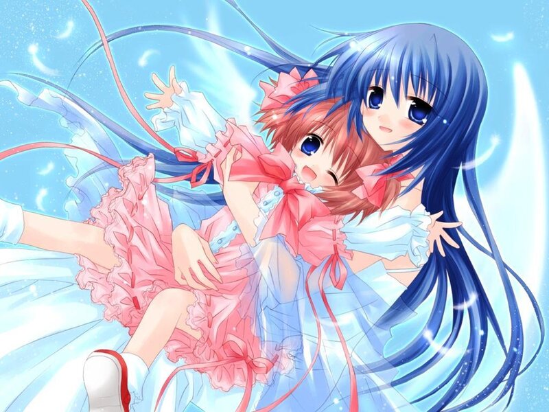 two girls hugging in a dreamy scene