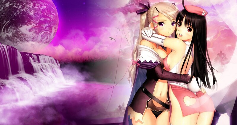Two girls hugging in a fantasy landscape