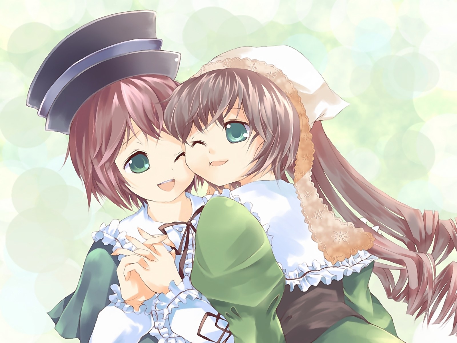 two girls hugging in a garden