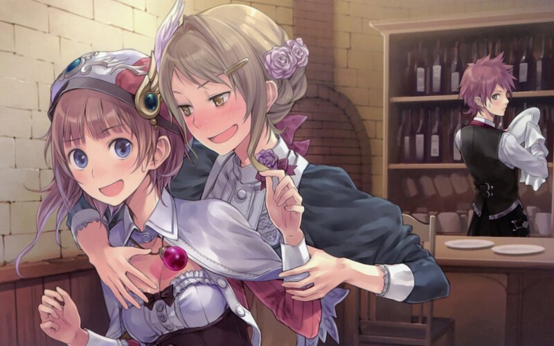 Two girls hugging in a tavern