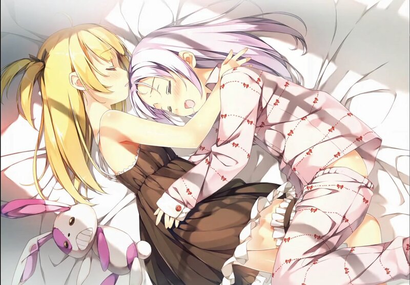 Two Girls Hugging in Bed — White