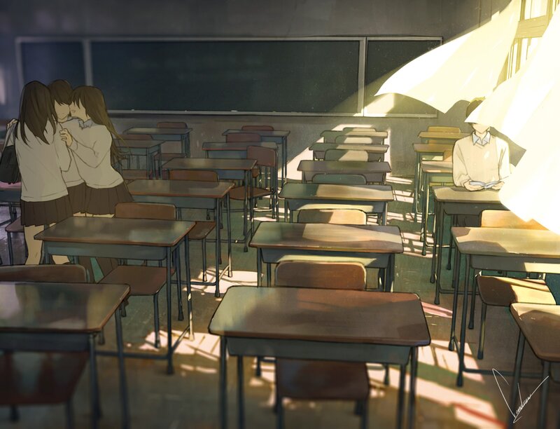Two Girls Hugging in Classroom