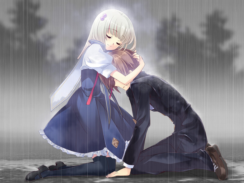 Two Girls Hugging in Rain — Blue