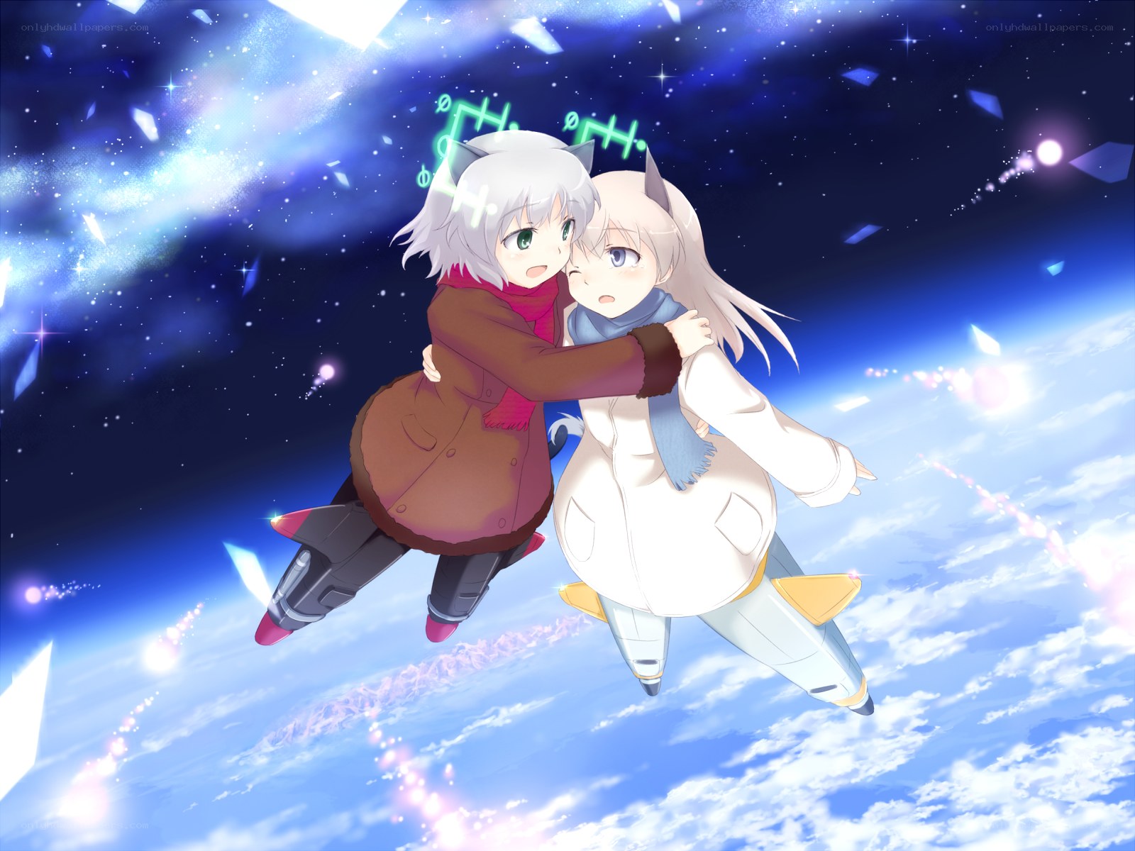 Two girls hugging in space