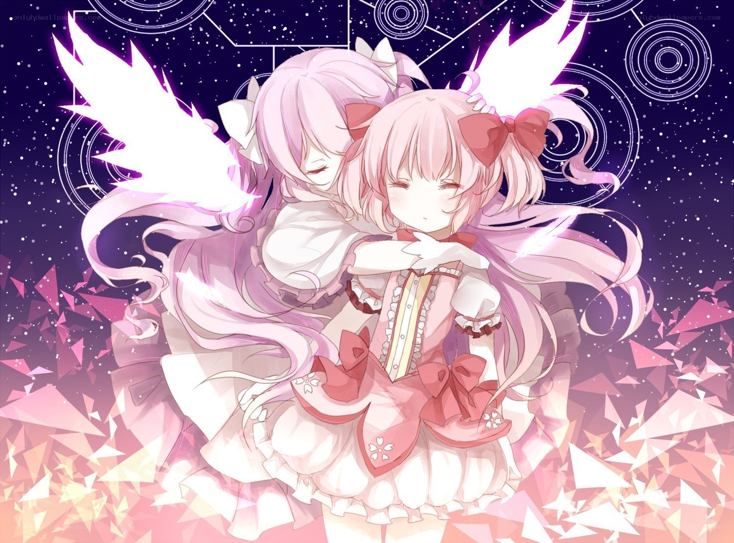 two girls hugging in space