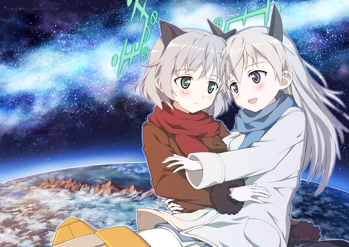 Two girls hugging in space