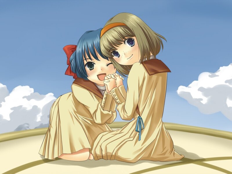 Two girls hugging in the sky