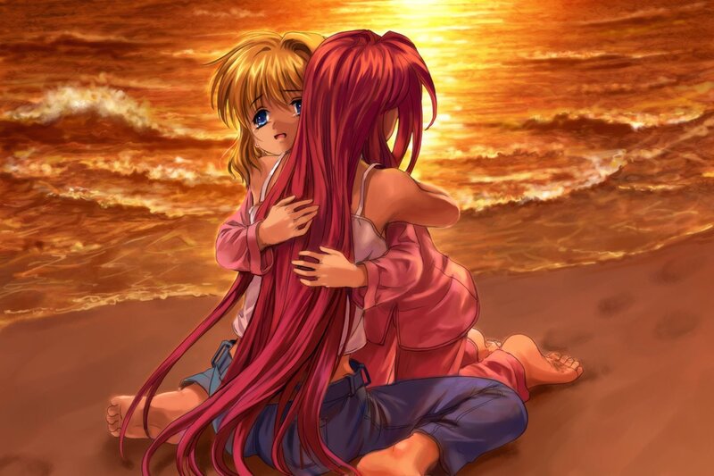 Two Girls Hugging on Beach — Orange, Dramatic