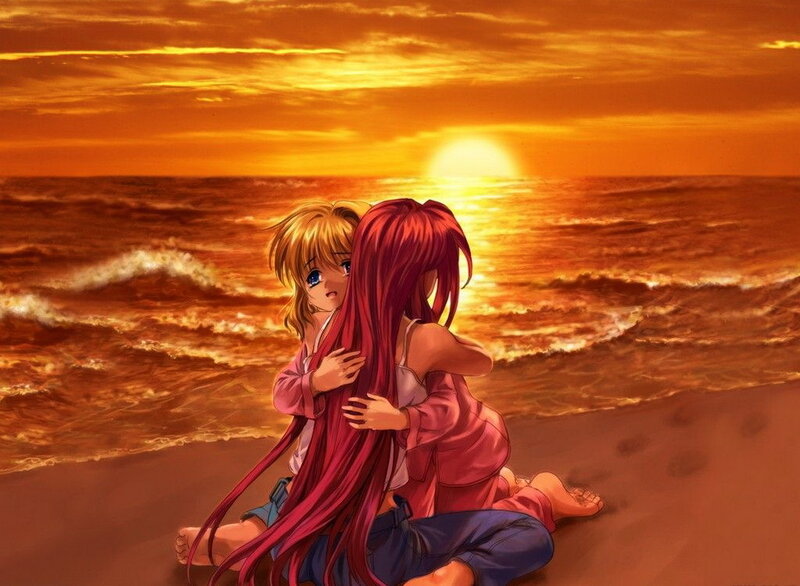 Two Girls Hugging on Beach