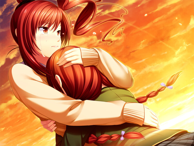 Two Girls Hugging — Orange, Dramatic