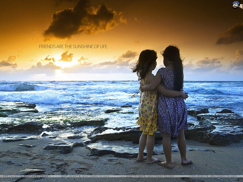 Two Girls Hugging — Orange, Serene, Sunset