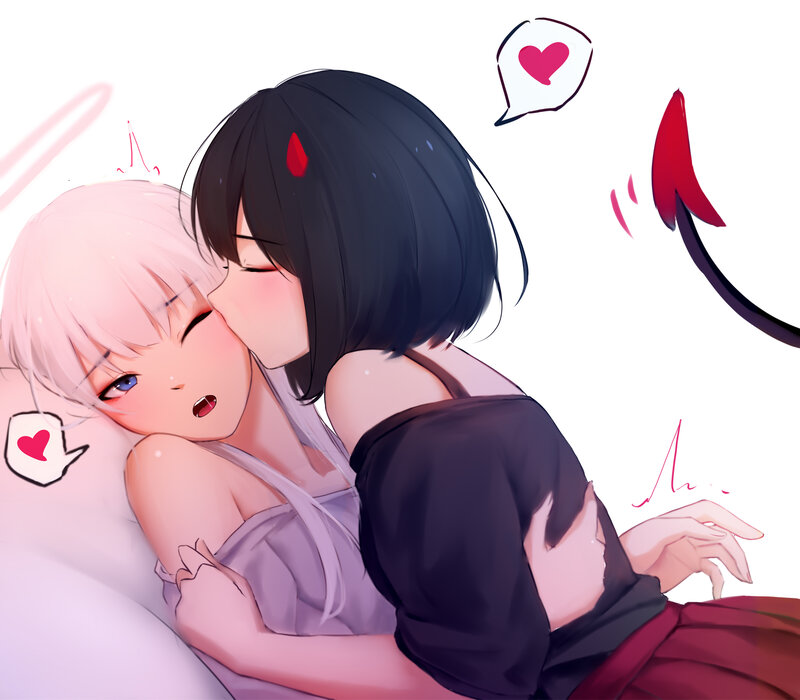 Two Girls Hugging — Pink, Affectionate, Anime, Heart