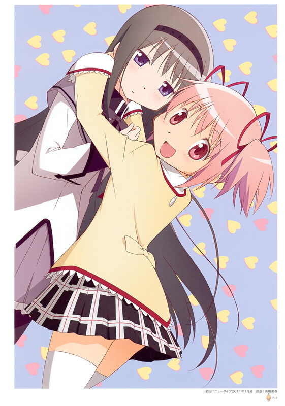 Two Girls Hugging — Pink, Cheerful, Anime, School Uniforms, Hearts