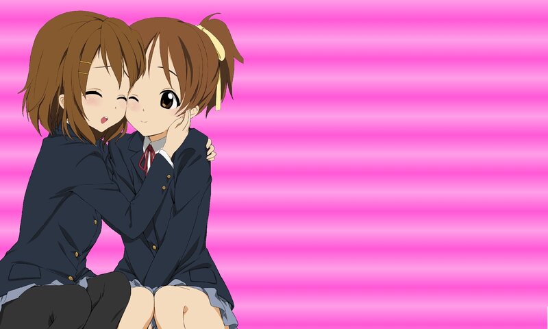 Two Girls Hugging — Pink, Cheerful, Anime, School Uniforms