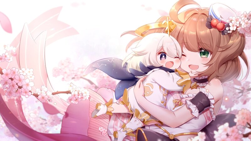 Two Girls Hugging — Pink, Cheerful, Spring