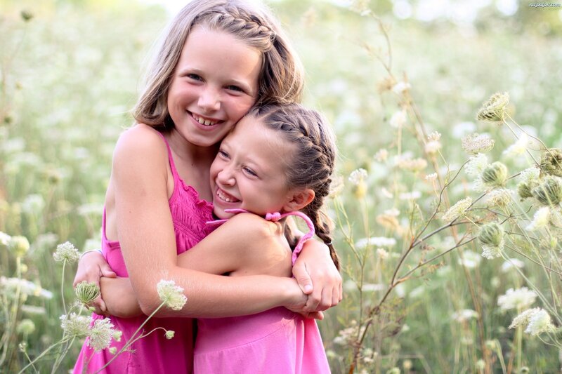Two Girls Hugging — Pink, Happy, Afternoon