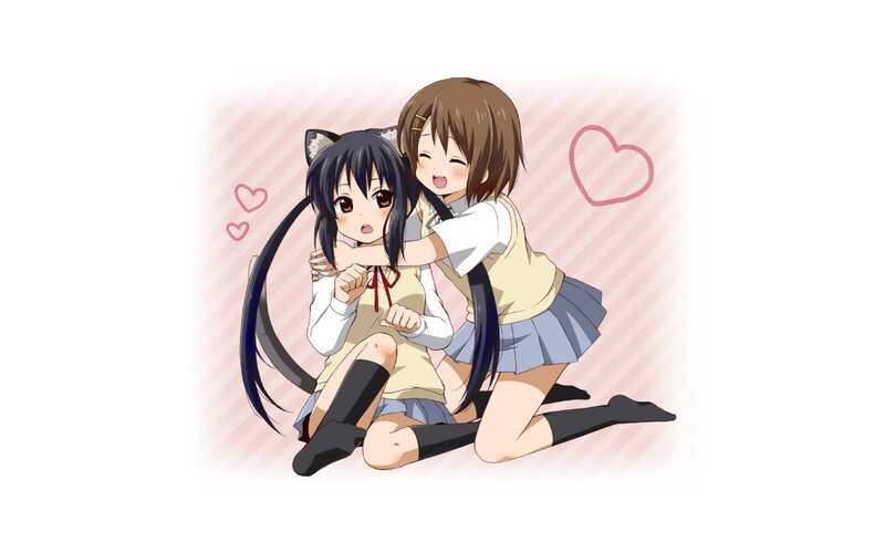 Two Girls Hugging — Pink, Playful, Anime, School Uniforms, Cat Ears