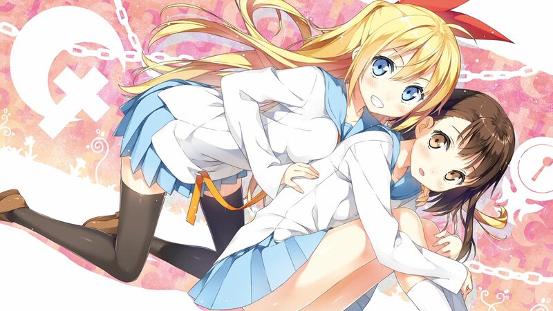 Two Girls Hugging — Pink, Playful, Anime, School Uniforms, Chains