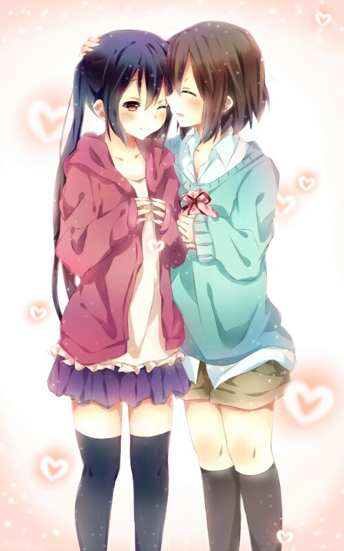 Two Girls Hugging — Pink, Sweet, Anime, Hearts