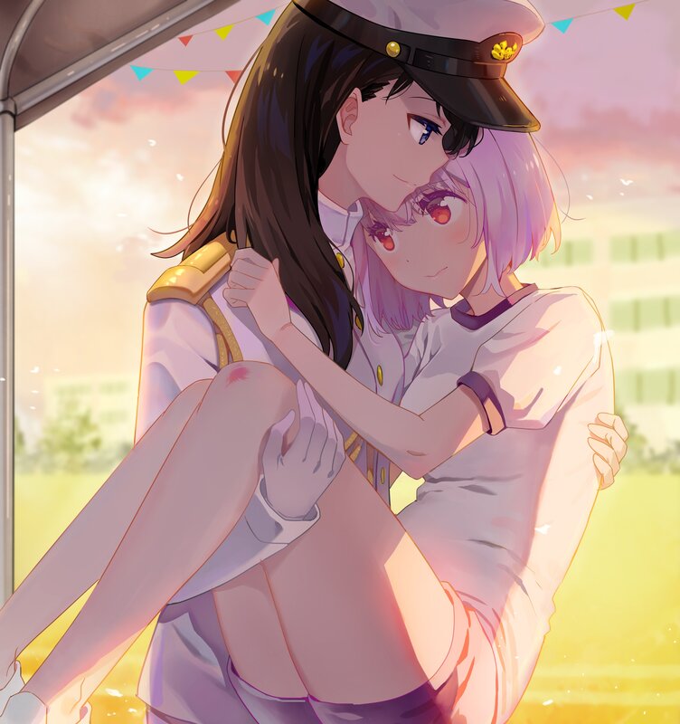 Two Girls Hugging — Pink, Warm, Sunset, Anime