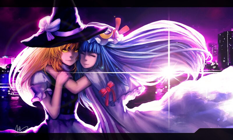 Two Girls Hugging — Purple, Dramatic, Night
