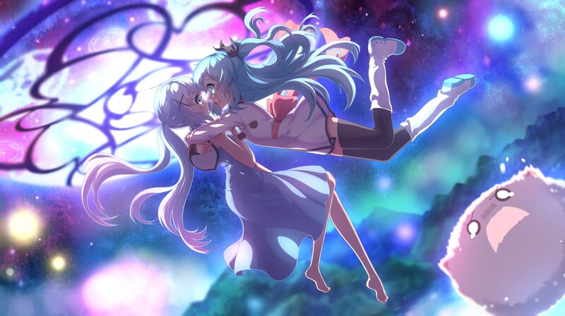 Two Girls Hugging — Purple, Dreamy, Night, Anime, Space