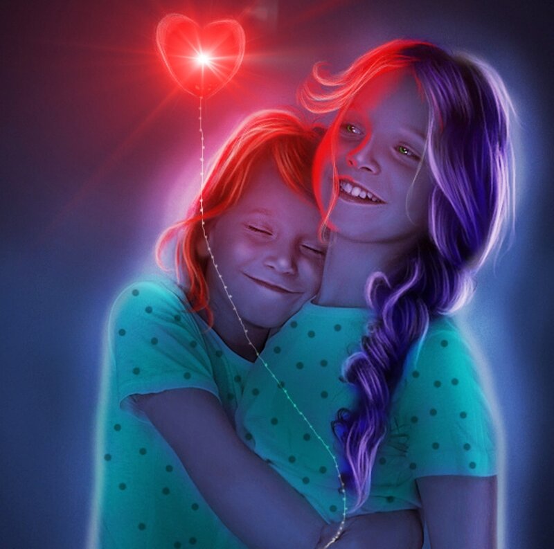 Two Girls Hugging — Purple, Dreamy, Night
