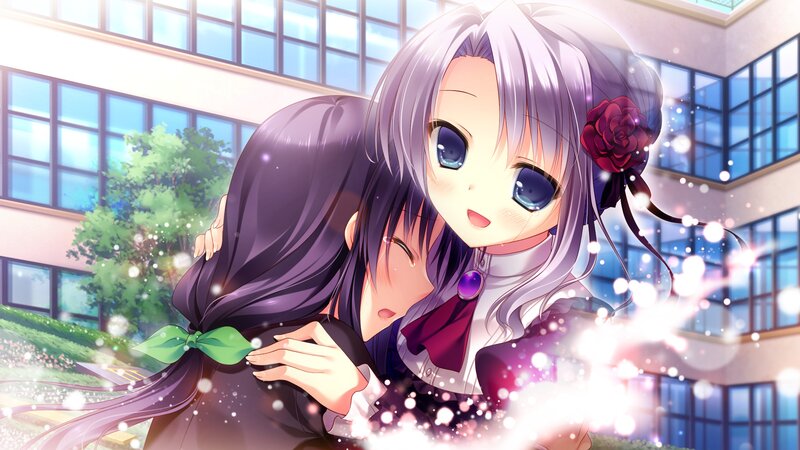 Two Girls Hugging — Purple, Happy, Afternoon