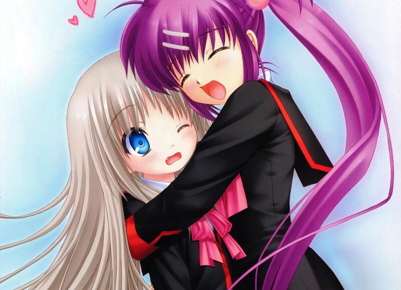 Two Girls Hugging — Purple, Happy