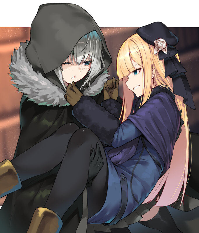 Two Girls Hugging — Purple, Intimate, Anime, Hooded Cloak