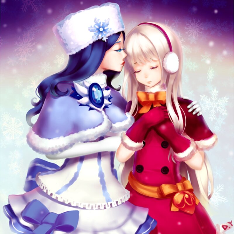 Two Girls Hugging — Purple, Peaceful, Winter