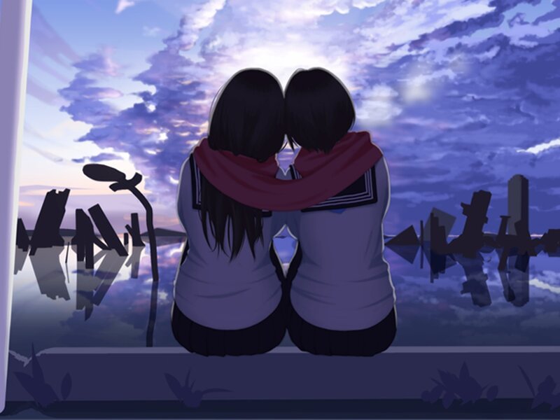 Two Girls Hugging — Purple, Serene, Sunset