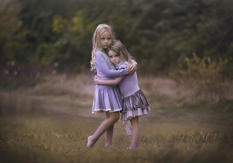 Two Girls Hugging — Purple, Somber