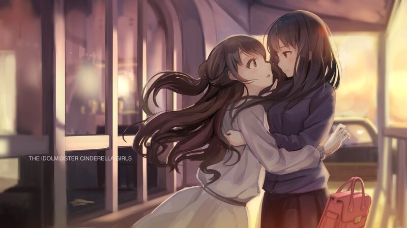 Two Girls Hugging — Purple, Warm, Sunset, Anime